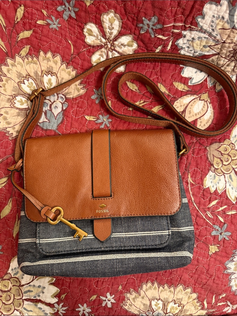 Fossil Kinley Small Crossbody Striped Denim and Cognac Leather